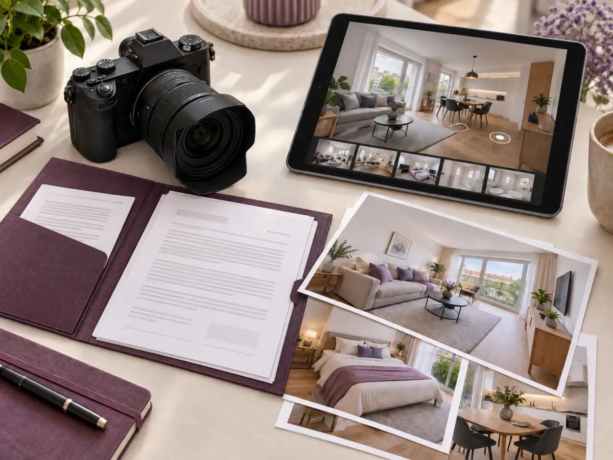 Fotoaparát, fotografie interiéru, tablet s 3D prohlídkou a připravené smluvní dokumenty